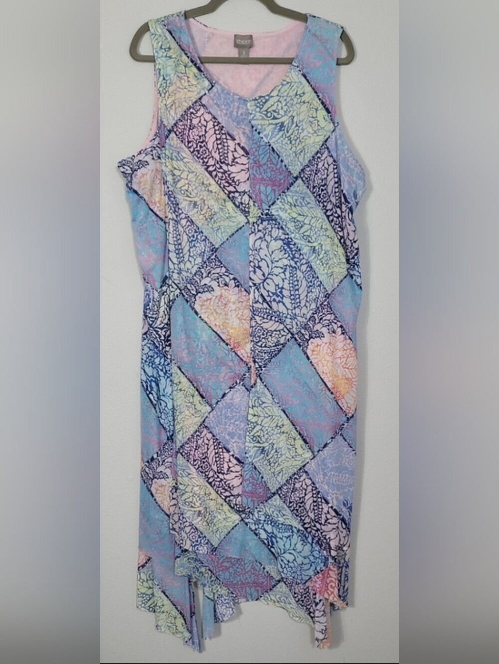 Chicos Mesh Asymmetrical Maxi Dress Size 3 XL Artsy Wearable Art Patchwork Boho